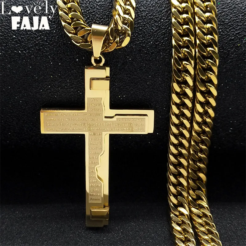 

Jesus Cross Long Stainless Steel Necklaces Pendant for Men Gold Plated Crucifix Religious Necklace Party Jewelry Gifts N2348S03