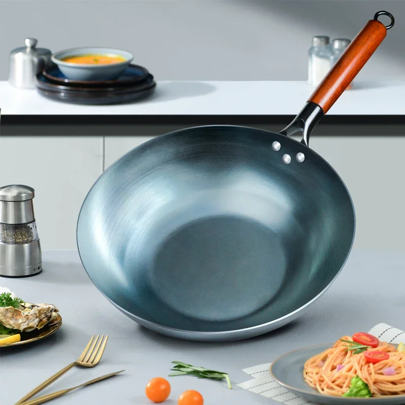 

Сковорода для вок с плоским дном 13,5 дюйма, кухонная утварь для приготовления сковородки и перемешивания, синяя железная посуда, традиционная китайская посуда для электрических индукционных варочных поверхностей