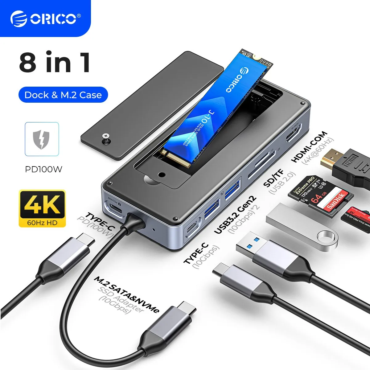 

ORICO USB C HUB with SSD Enclosure Laptop Docking Station with 4K 60Hz HDMI-Com 100W PD RJ45 SD/TF 10Gbps M.2 NVME SATA SSD 8TB