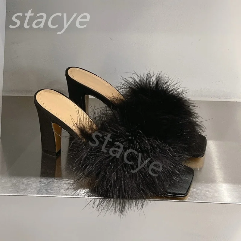 

Luxury Design Genuine Leather Mao Mao Slippers Women High Heels Square Heel Feather Open Toe Sandals Women Thick Heel Slide Slid