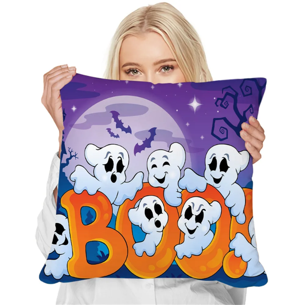 

HX Halloween Cover Cushion Boo Funny Cute Catoon Ghost 3D Printed Throw Pillows Polyester Zip Pillow Cover Halloween Gifts