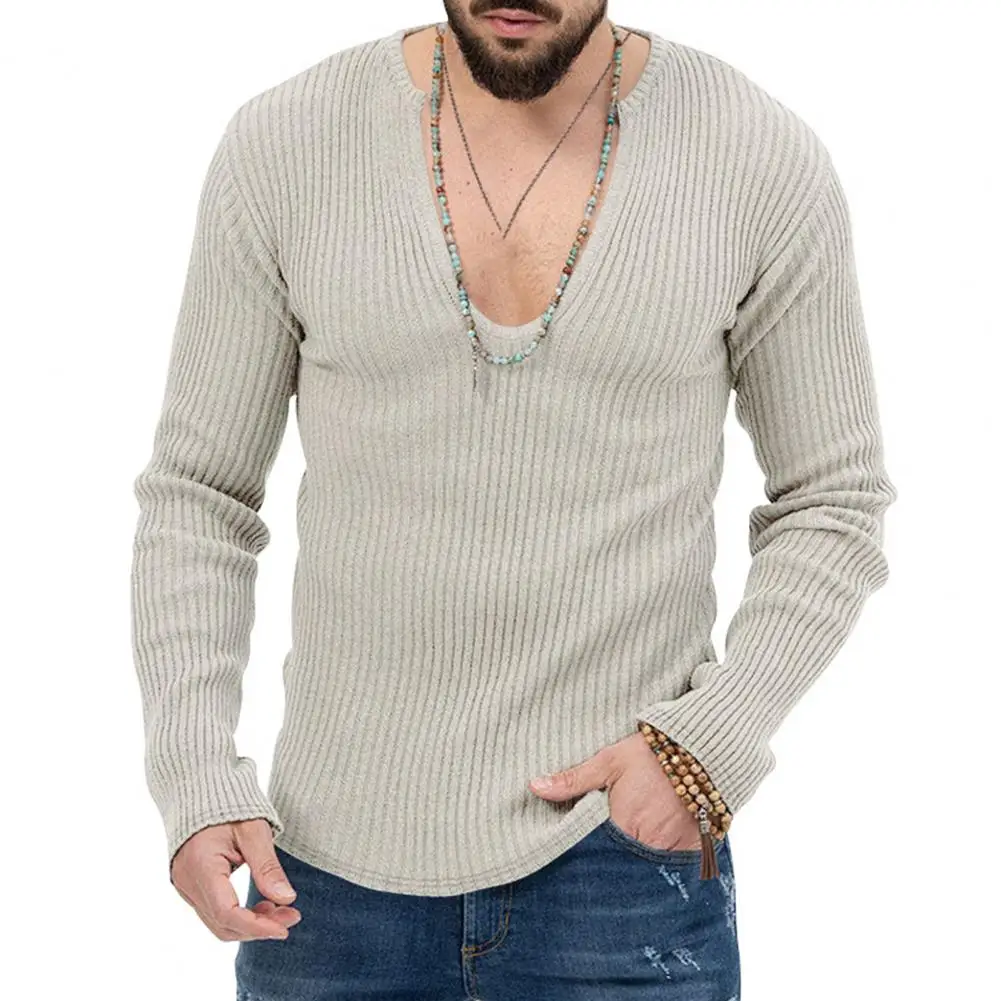 

Men Cotton Blend Sweater Stylish Men's Deep V-neck Knit Sweater with Ribbed Detailing Slim Fit Solid Color for Fall for Men