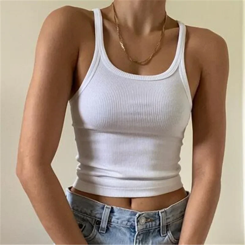 

Casual White Sleeveless Cotton Cami Top Women Fashion Ribbed Crop Top Tees Ladies Basic Fitness Camisole Summer