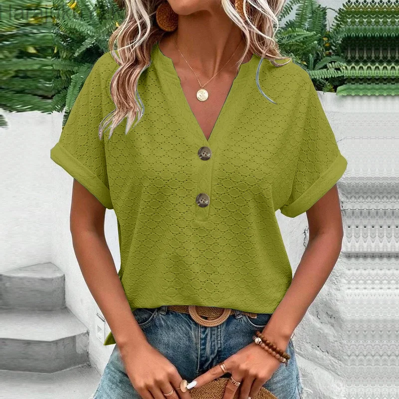 Women's Fashion Button T-Shirt Summer Short Sleeve Ladies Tops Casual Solid Color V-Neck Shirts Female
Women's Fashion Button T-Shirt Summer Short Sleeve Ladies Tops Casual Solid Color V-Neck Shirts Female