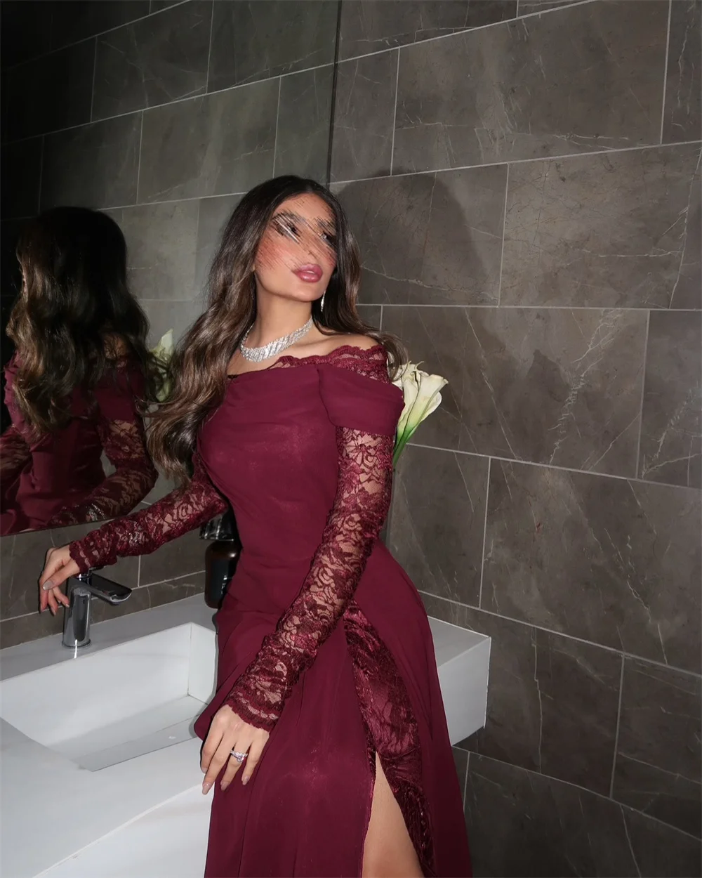 Sansa Customized Side High Slit Court Train Mermaid Prom Dresses Chiffon Wine Red فساتين سهرات Lone Sleeve فساتين للمناسبات الخا 13 Sa52ffc90e90e4318b8a2681eed66d1fbS