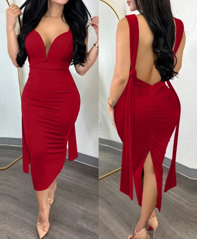 

Women's Party Luxury Dress Knotted Slit Ruched Slit Party Dress 2024 Spring/summer Sexy Plunge Sleeveless Backless Skinny Dress