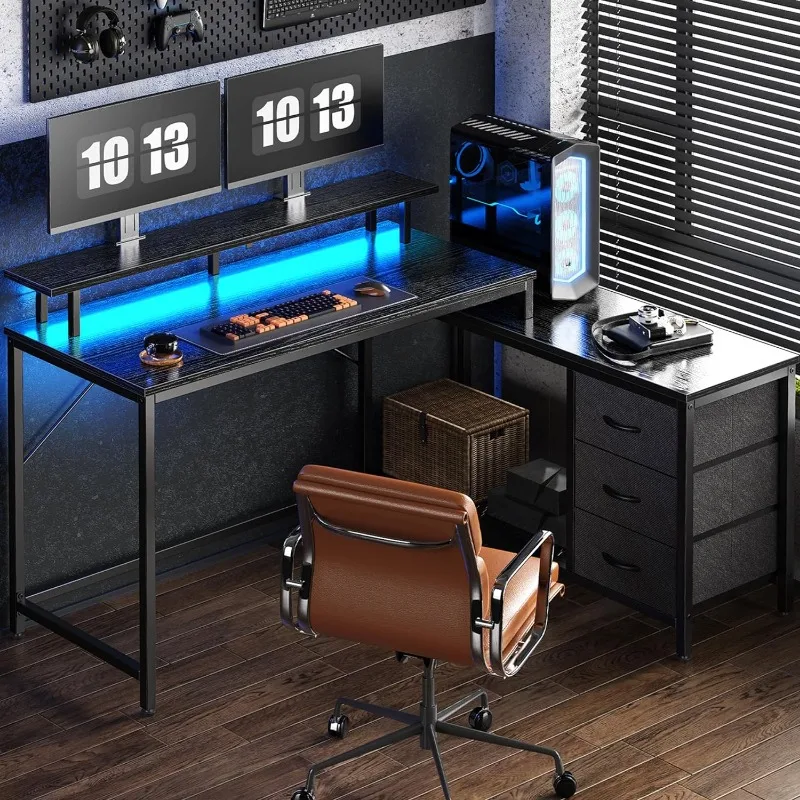 

Reversible L Shaped Computer Desk with Drawers, Gaming Desk with LED Lights and Power Outlets, Office Desk with Storage Shelves