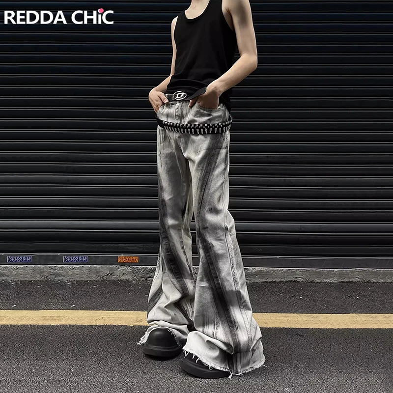 

ReddaChic Gradient Raw Edge Flare Jeans Men Korean Distressed Gray Dirty Wash Low Waist Bootcut Pants Vintage Y2k Streetwear