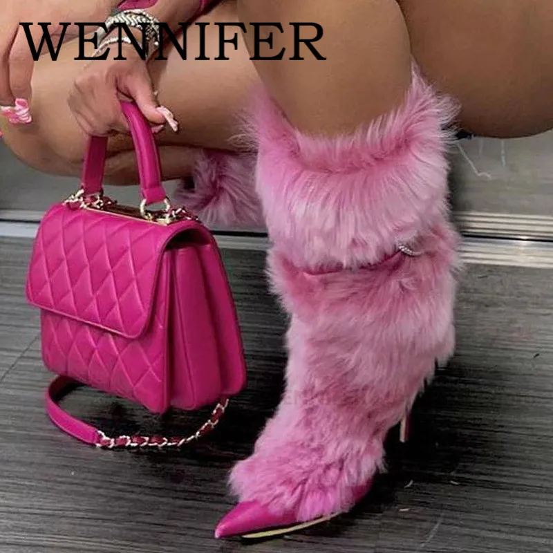 

Warm Fur Stiletto Knee High Bootes Pointed Toe Metal Chain Cross Straps Warming Mid Calf Boots Women Winter Runway Botas Mujer