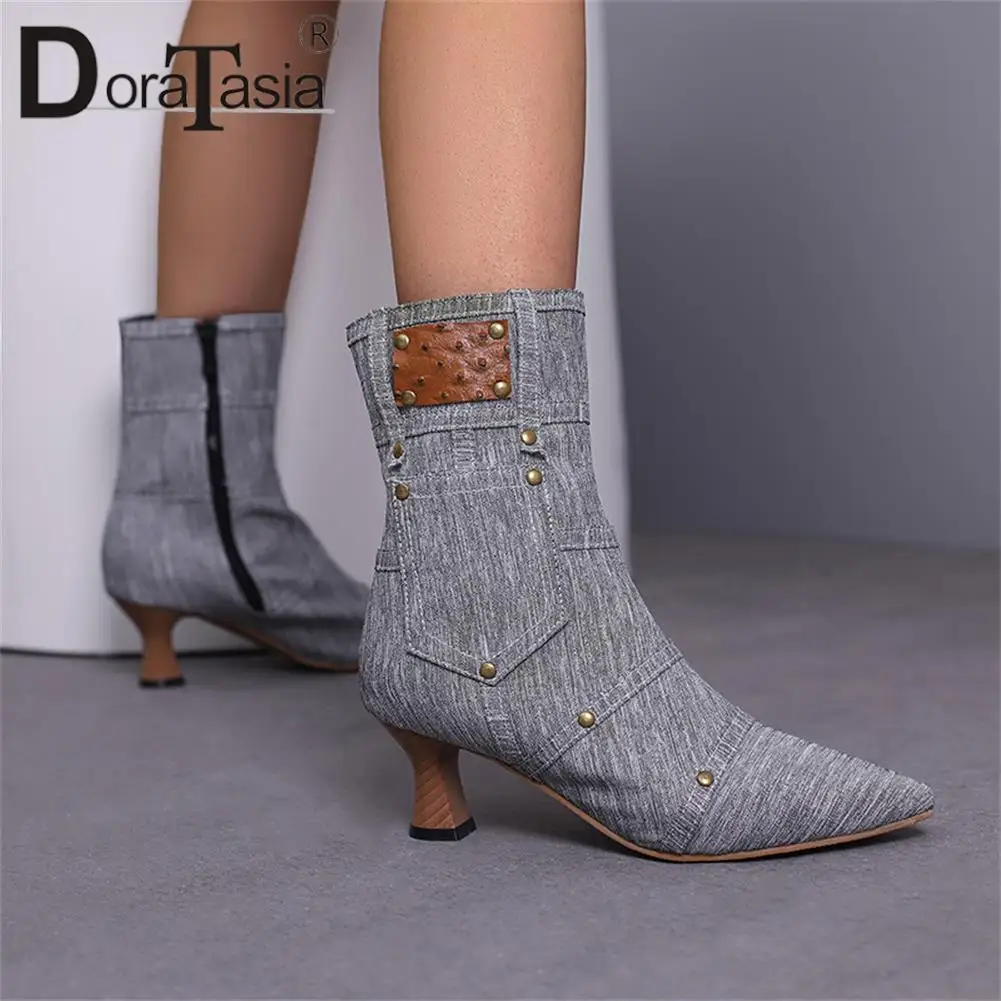 

Brand Design Ladies Thick High Heels Ankle Boots Fashion Denim Rivet Pointed Toe women's Boots Party Office Sexy Woman Shoes