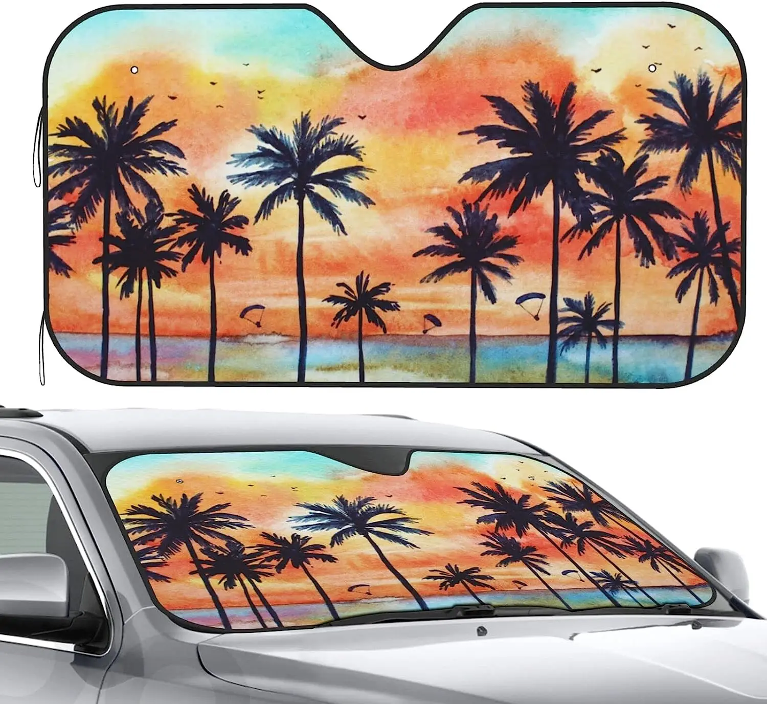 

Front Window Car Sun Shade Windshield Tropical Palms Watercolor Foldable Cute Sunshade for Car Truck SUV Blocks Uv Rays Visor