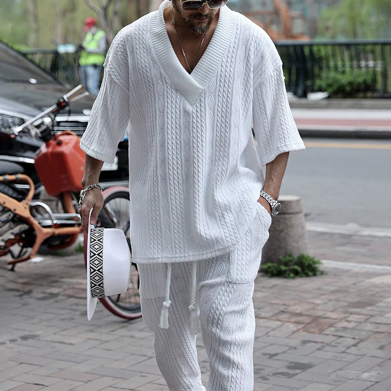 Casual Solid Color Knitted Tops And Trousers Sets Mens Two Piece Streetwear Summer Short Sleeve V Neck Sweaters Outfits Men Suit
Casual Solid Color Knitted Tops And Trousers Sets Mens Two Piece Streetwear Summer Short Sleeve V Neck Sweaters Outfits Men Suit
