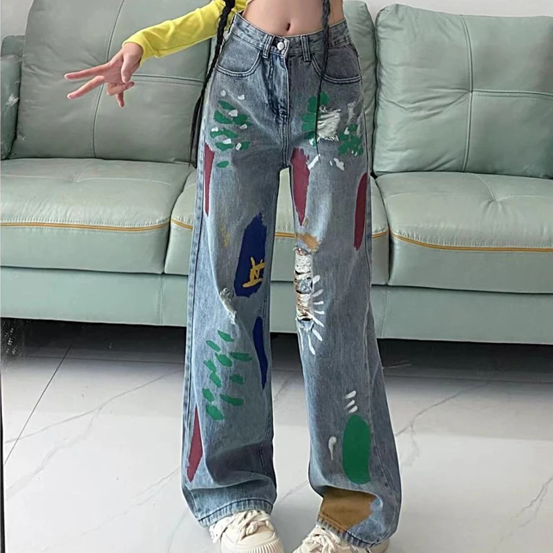 Baggy Blue Jeans Women Painted Straight Wide Leg Pants High Waist Goth Vintage Streetwear Casual Hippie Denim Trousers Female
Baggy Blue Jeans Women Painted Straight Wide Leg Pants High Waist Goth Vintage Streetwear Casual Hippie Denim Trousers Female