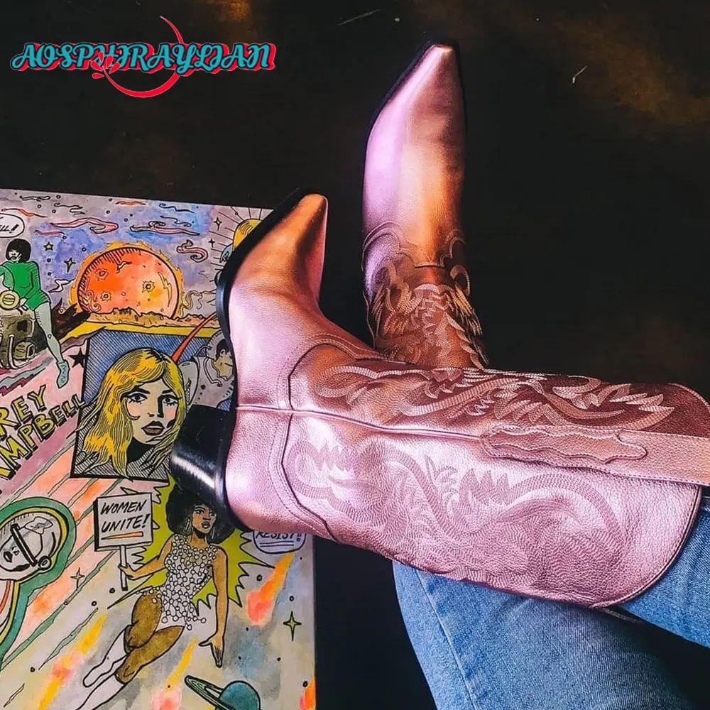 

Pink Metallic Sewing Floral Western Cowboy Boots For Women 2023 Shiny Mid-calf Mujer Cowgirl Women's Embroidery Shoes