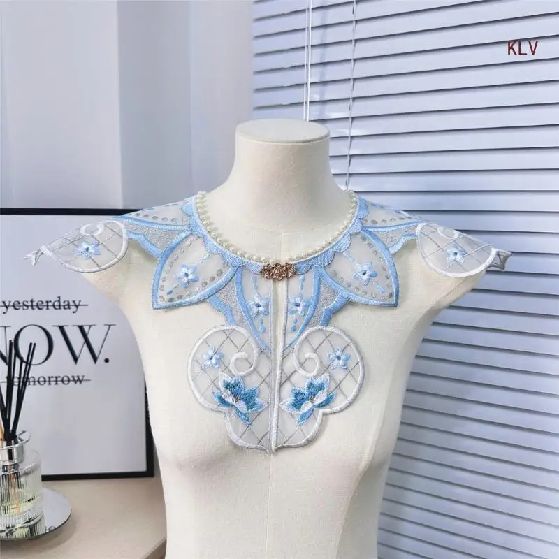 

Women Pearls Detachable Fake Collar Shawl Scarf Embroidery Floral Neckline Chinese Hanfu Costume Poncho Capelet