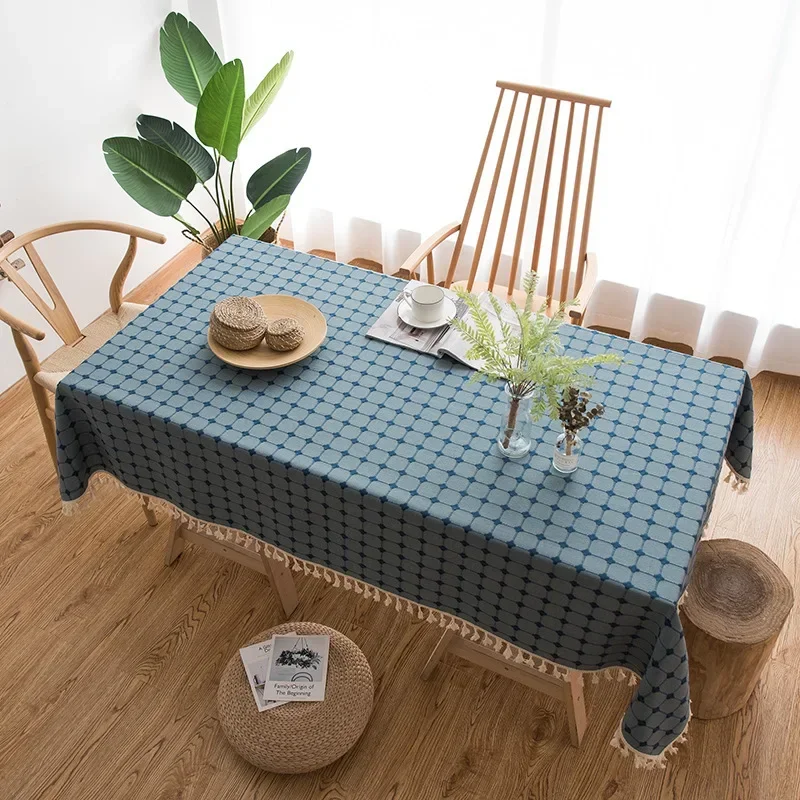 

Plaid Cotton Linen Table Cloth Rectangle Oil-Proof Dust-Proof Waterproof Tablecloth Decorative Fabric Table Cover With tassels