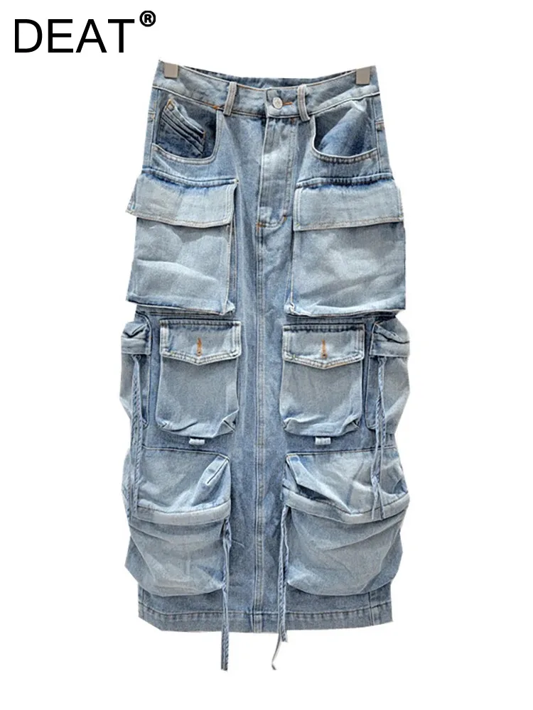 

DEAT Women's Denim Skirt High Waist Multiple Pockets Washed Blue Patchwork Long Cargo Skirts 2024 Summer New Fashion 29L7060
