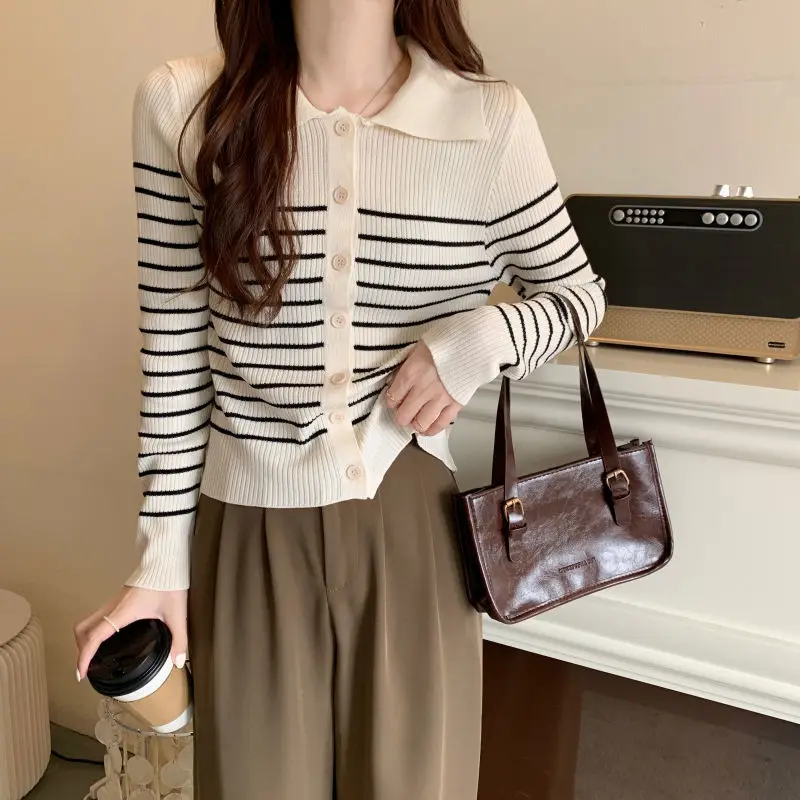 Women's Striped Sweater 2023 Autumn Fashion Slim Bottoming Top Thin Long Sleeve Polo Collar Knitted Cardigan Elegant Temperament
Women's Striped Sweater 2023 Autumn Fashion Slim Bottoming Top Thin Long Sleeve Polo Collar Knitted Cardigan Elegant Temperament