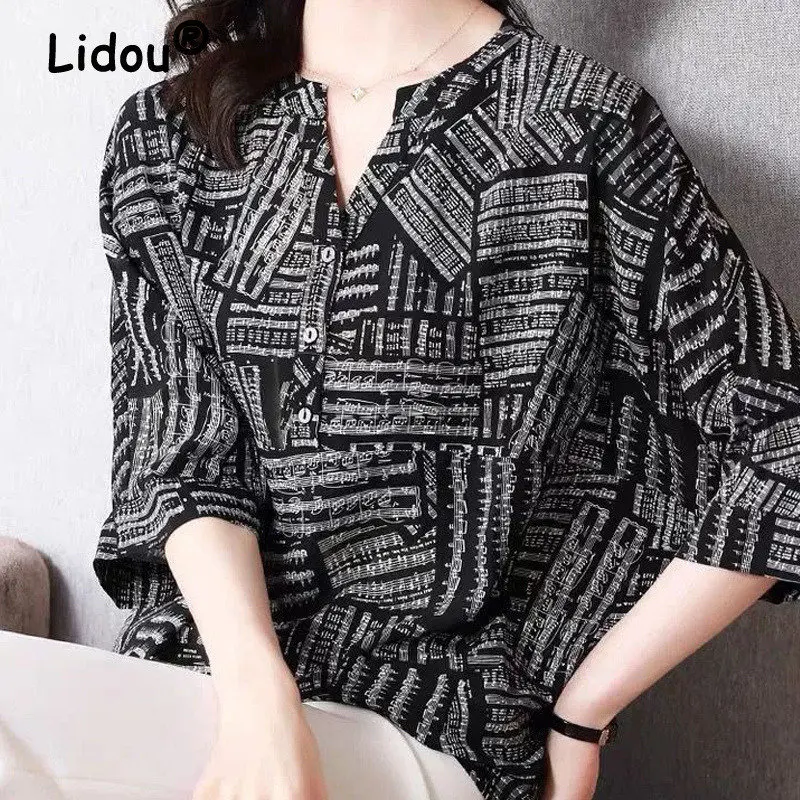 

Spring Summer Fashion Women V-Neck Printed Three Quarter Sleeve Oversized Shirts Blouses Korean Style Casual Ladies Tops Blusas