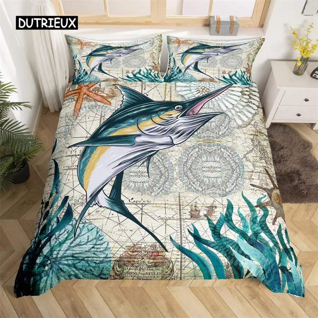 

Marlin Swordfish Duvet Cover Kawaii Marine Life Bedding Set Microfiber Ocean Theme Big Pike Fish Quilt Cover Single Twin King