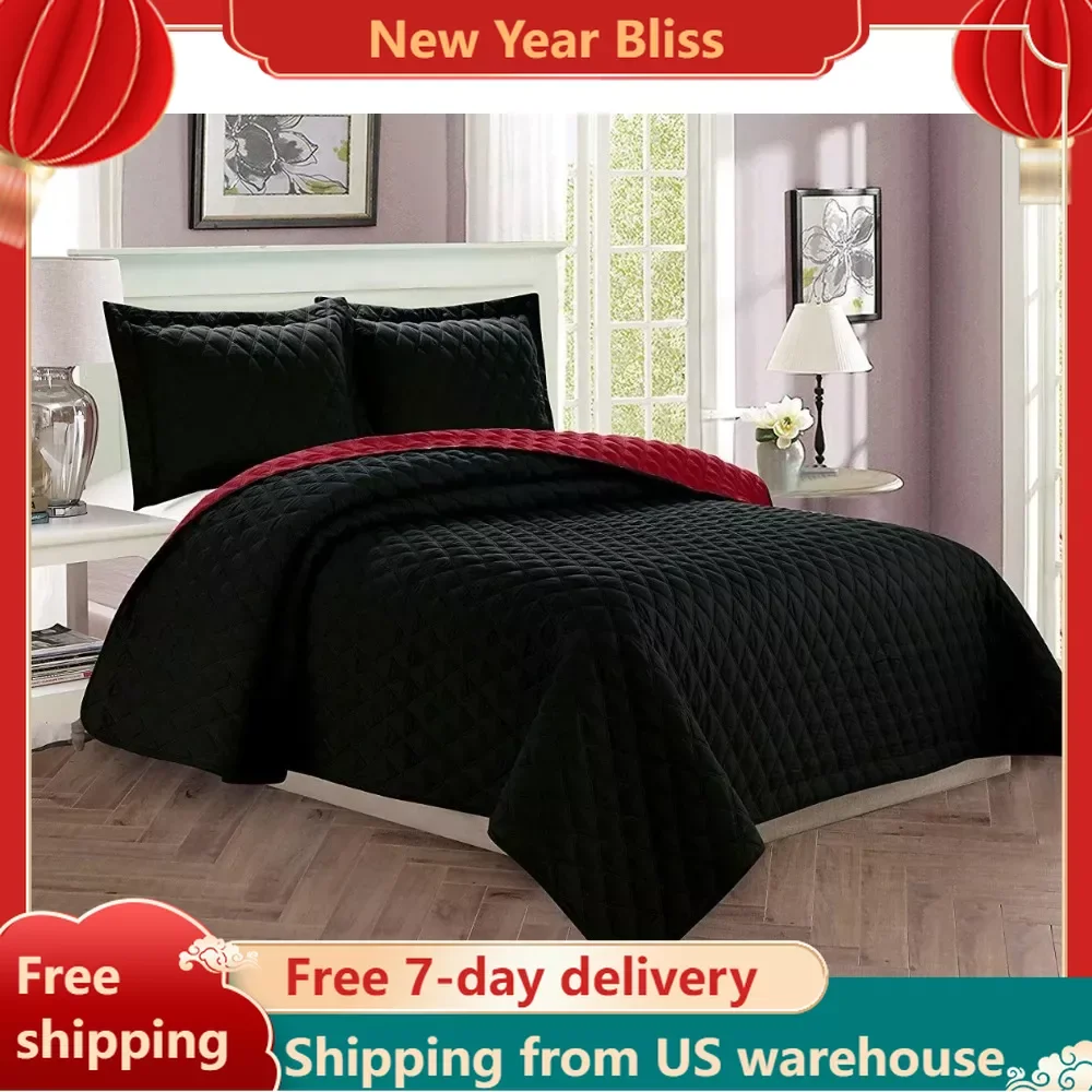 

3-Piece Bedspread Coverlet Quilted Set With Shams - Full/Queen Bedspread on the Bed Plaid Black/Burgundy Bedspreads & Coverlets