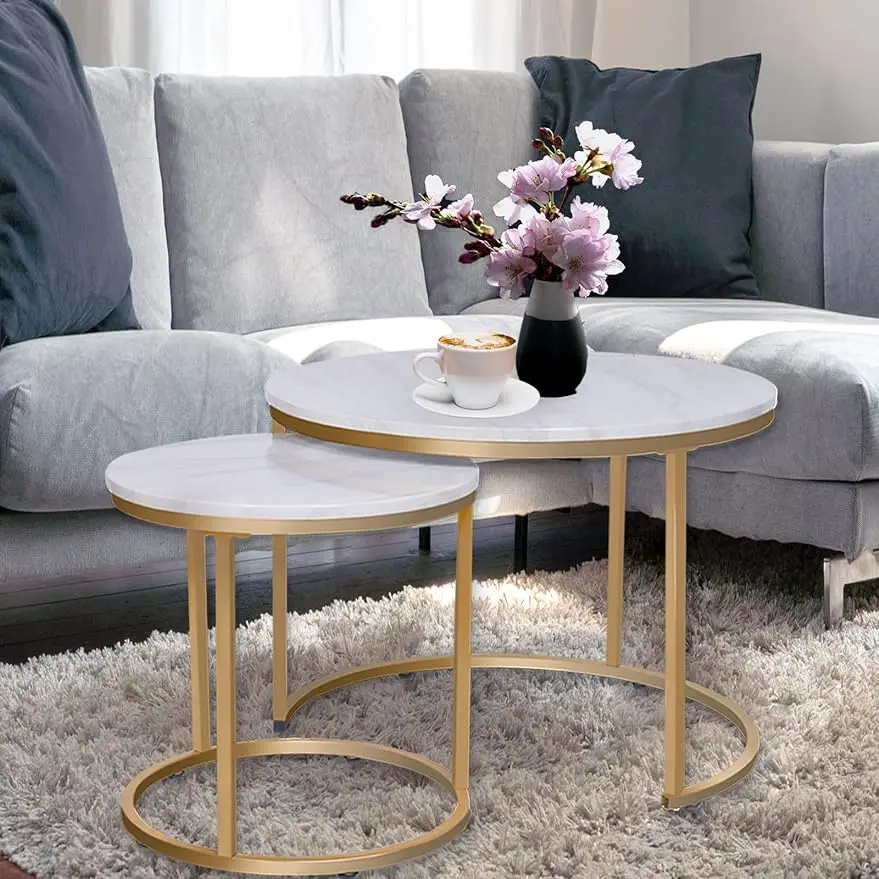 

Round Coffee Table Set of 2 Modern Nesting Golden Frame Circular and Marble Pattern Wooden Stacking Accent Coffee Tab