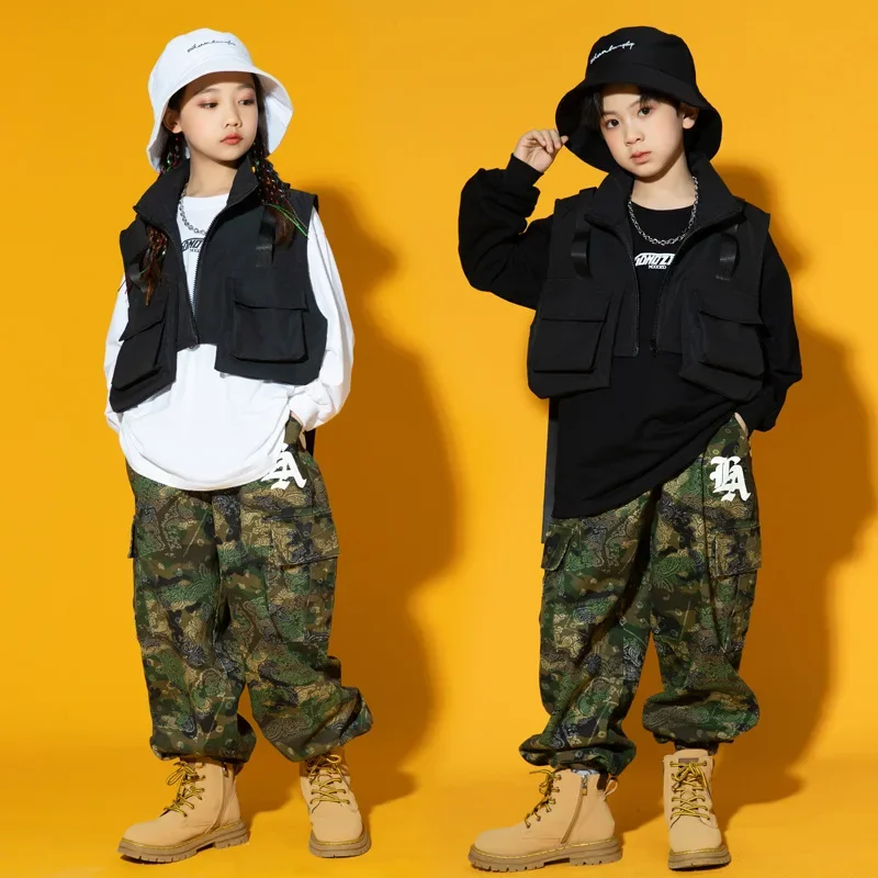 

Kids Hip Hop Clothes Sets Black Vest + Sweatshirt + Camouflage Pants Boys Street Dance Costumes Girls Jazz Performance Suit