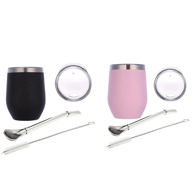 

2Set Yerba Gourd Mate Tea Set Water Mate Tea Cup With Lid Spoon Straw Bombilla Head Filter Brush, Pink & Black
