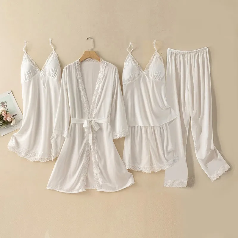 

5pcs Lace Robe Gown Set Women Bathrobe Nightgown Satin Ice Silk Kimono Sleepwear Spring Summer Pyjamas Intimate Lingerie