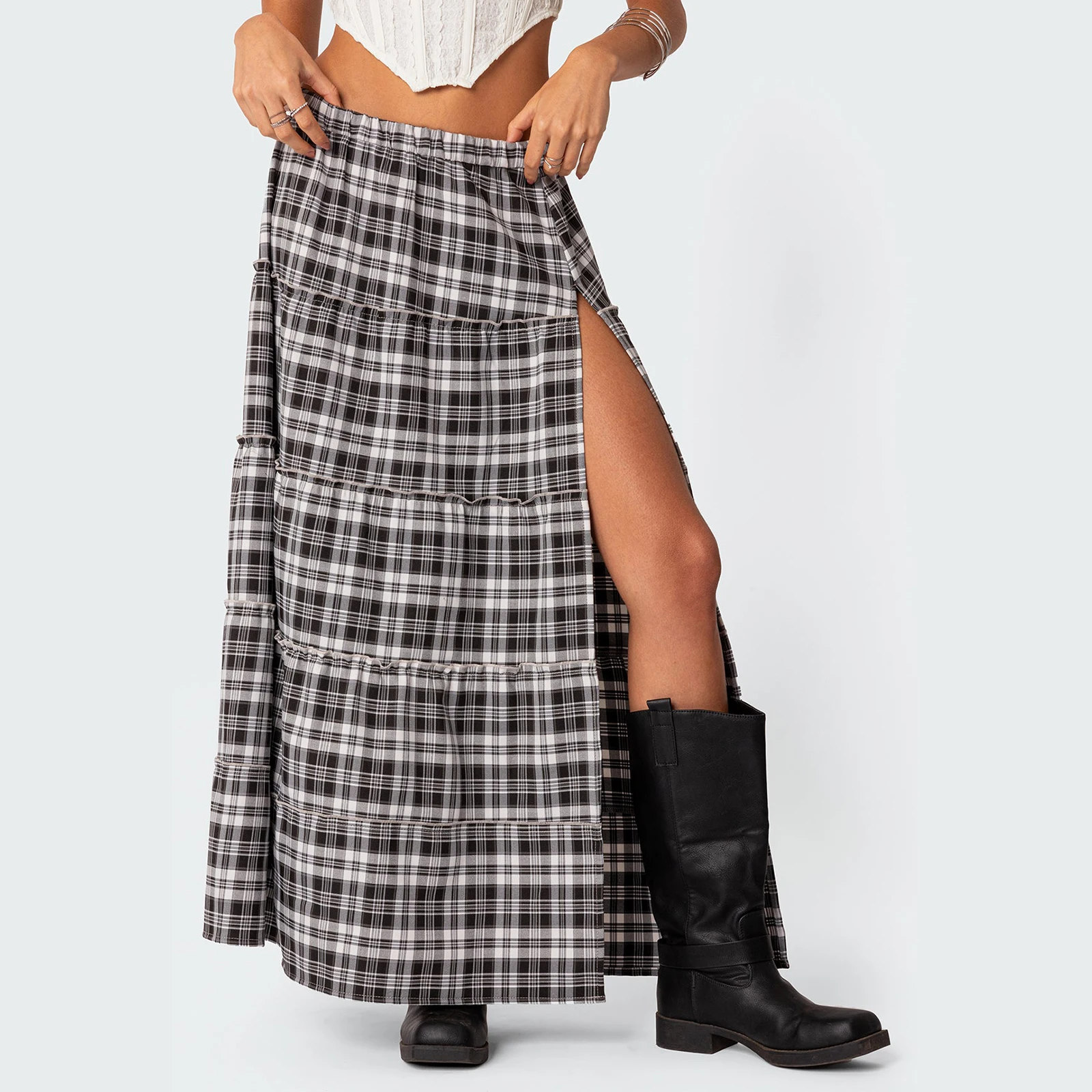 

Gaono Women Y2K Plaid Tiered Maxi Skirts Low Waist Ruffle Midi Skirts High Slit A Line Flowy Long Skirts Vintage Streetwear