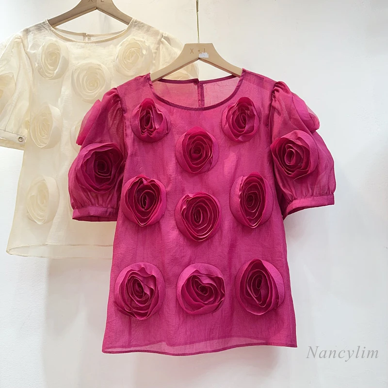 

Temperament Round Neck Puff Sleeve Shirt Women's Summer Niche Three-Dimensional Rose Flower Blouses and Tops Short Sleeve Blusas