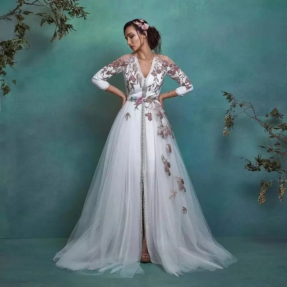 3/4 Sleeves Moroccan Kaftan Muslim Evening Dresses A-line V-neck Tulle Appliques Dubai Arabic Turkey Caftan Abaya Islamic Gown
3/4 Sleeves Moroccan Kaftan Muslim Evening Dresses A-line V-neck Tulle Appliques Dubai Arabic Turkey Caftan Abaya Islamic Gown
