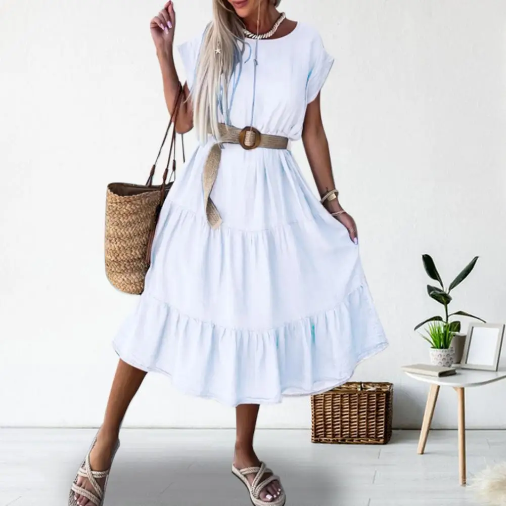 

Solid Color Dress Stylish Summer Women's A-line Midi Dress with Pleated Hem Patchwork Detail for Casual Dating Beach Outings