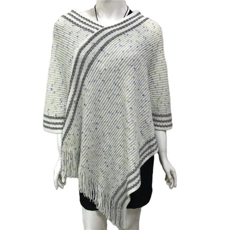 

2024 Spring Autumn New Pullover Sweater Knitwear Geometric Splicing Loose Poncho Cape Women Coat Cloak Shawl Gray