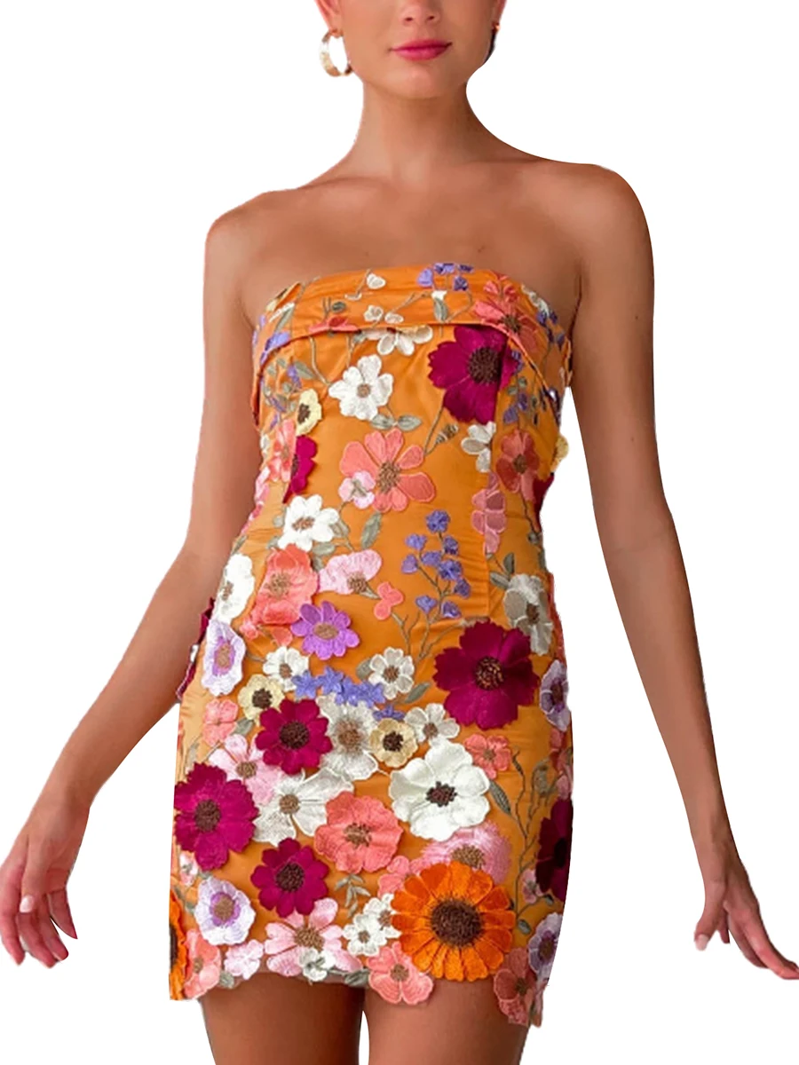 

Женское Кружевное облегающее мини-платье без рукавов с открытыми плечами и цветочной вышивкой