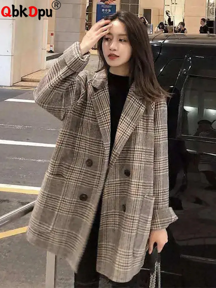 

Vintage Mid Length Plaid Woolen Suit Coat Thick Women New Double Breasted Parkas Casaco Casual Loose Warm Wool Blend Overcoat