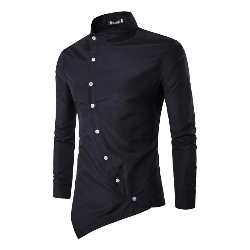 

Men's Fashion Design Shirt Long Sleeve Casual Solid Color Shirt Trendy Stand Collar Oblique Placket Irregular Asymmetric Shirt