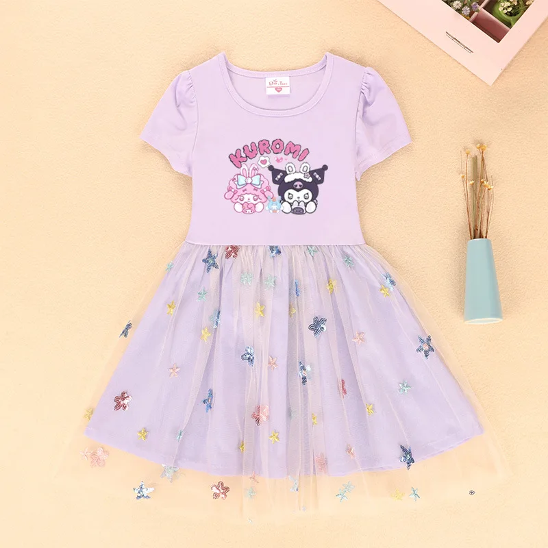 

Милое Аниме платье Sanrio My Melody Kuromi Hello Kitty с короткими рукавами, детское платье принцессы, сетчатая юбка