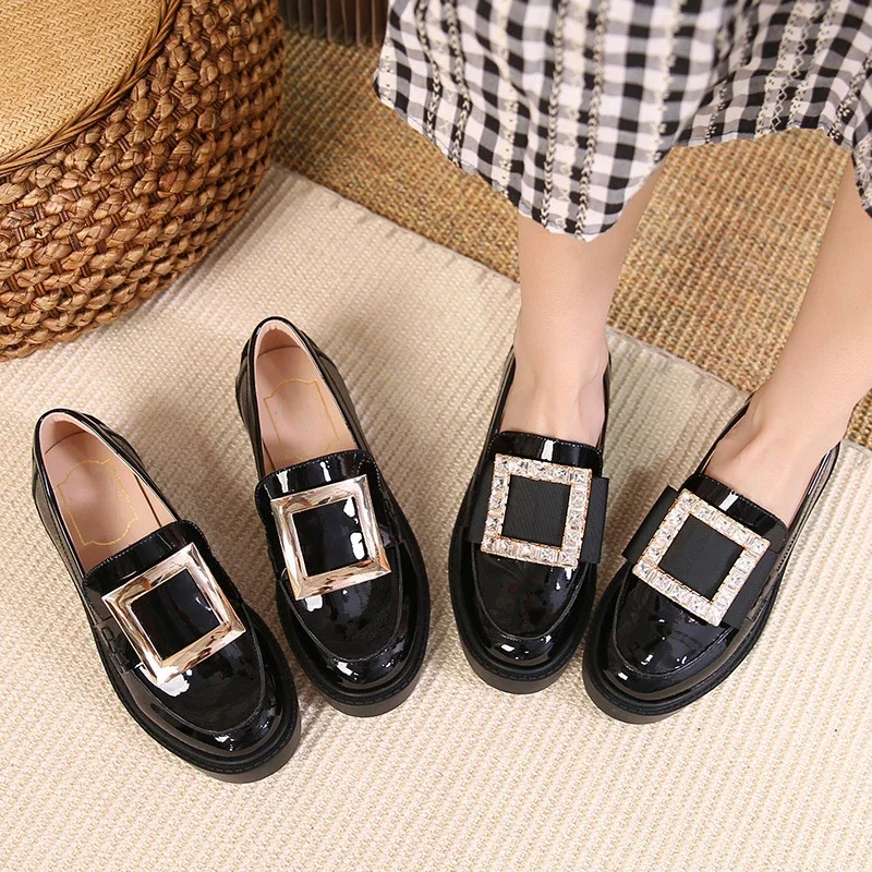 

2024 Square Buckle Single Shoes Women's Autumn New Rhinestone Thick-soled Loafer Shoes British Style College Small Leather Shoes