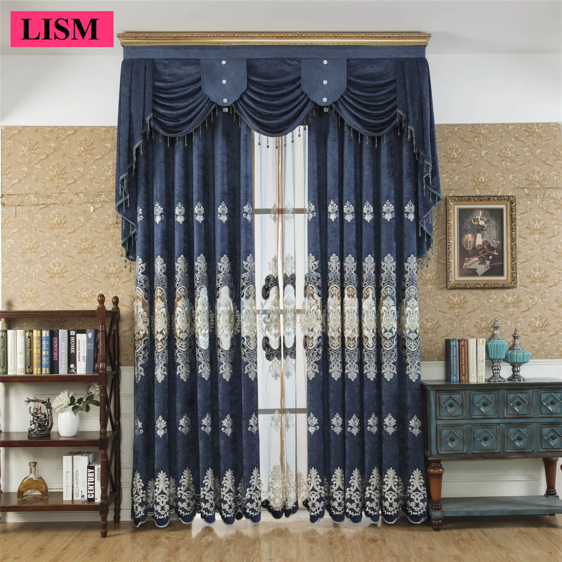 

Nordic Luxury Water-soluble Hollow Chenille Embroidered Curtains for Living Room Bedroom Study Blackout Custom Blue Lace Tulle