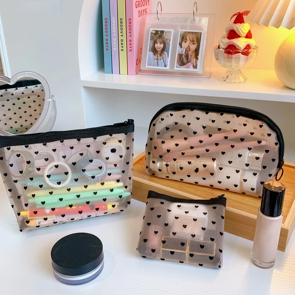

Transparent Heart Mesh Storage Bags Women Necessary Cosmetic Bag Travel Organizer Small Large Black Toiletry Bags Makeup Pouch