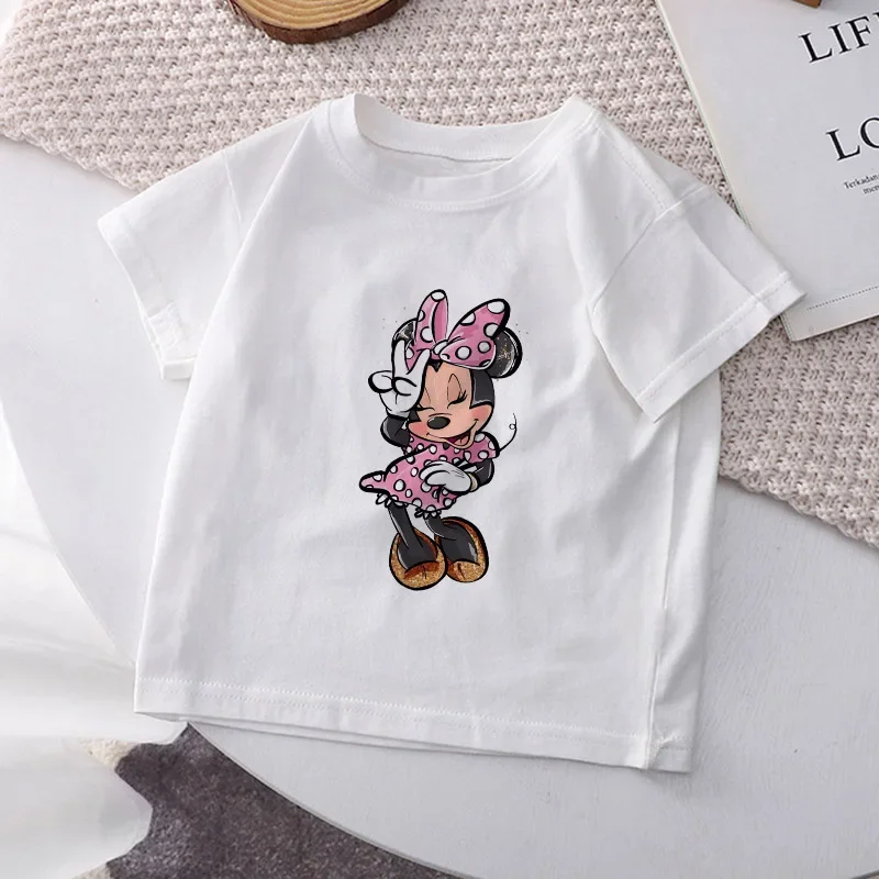 

Minnie Disney Children T-shirt for Girls Clothes Daisy Mickey Kawaii Tee Shirts Cartoons Summer Casual Kid Boy Short Sleeve Tops