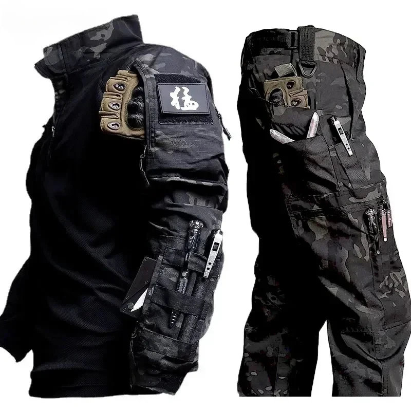 

Tactical Set Men Outdoors Training Breathable Mesh Sweatshirt+Multi Pocket Cargo Pant Camo 2 Pcs Sets Combat Resistant Suits