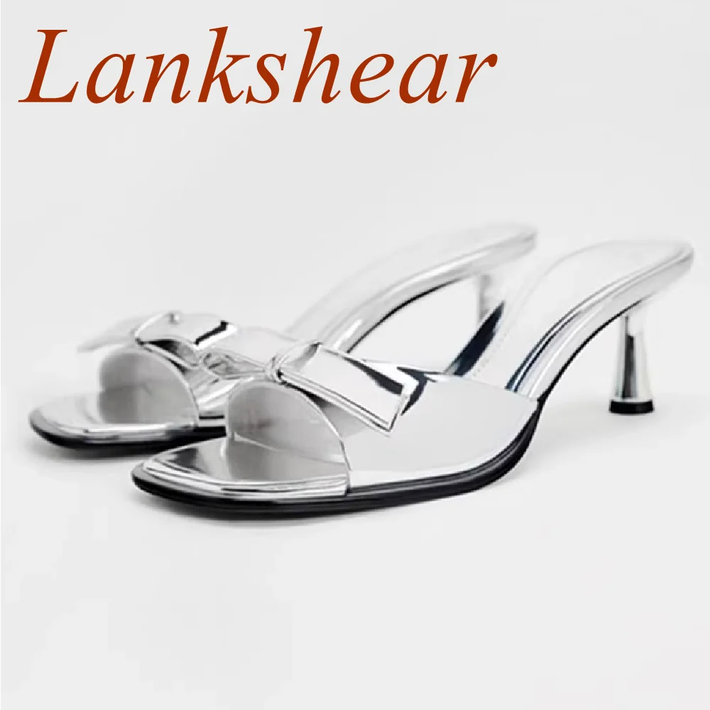 

Silver Butterfly Knot Women Slippers Kitten Heel Fashion Sexy Open Toe Outwear Patent Leather Summer Slingback Women Shoes