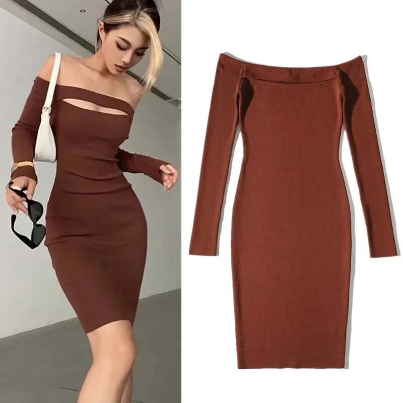 

Women's Sexy One-line Neckline Off-the-shoulder Chest Hollowed-out Knit Maxi Dress Female Autumn Tight Bottom Pack Buttock Skirt