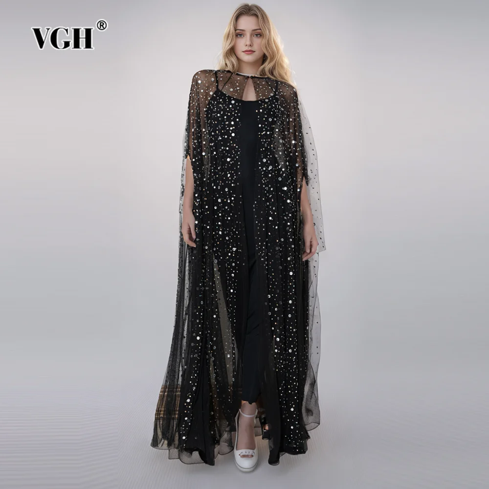 

VGH Solid Patchwork Sequins Elegant Dresses For Women Round Neck Cloak Sleeve High Waist Temperament Loose Long Dress Female New