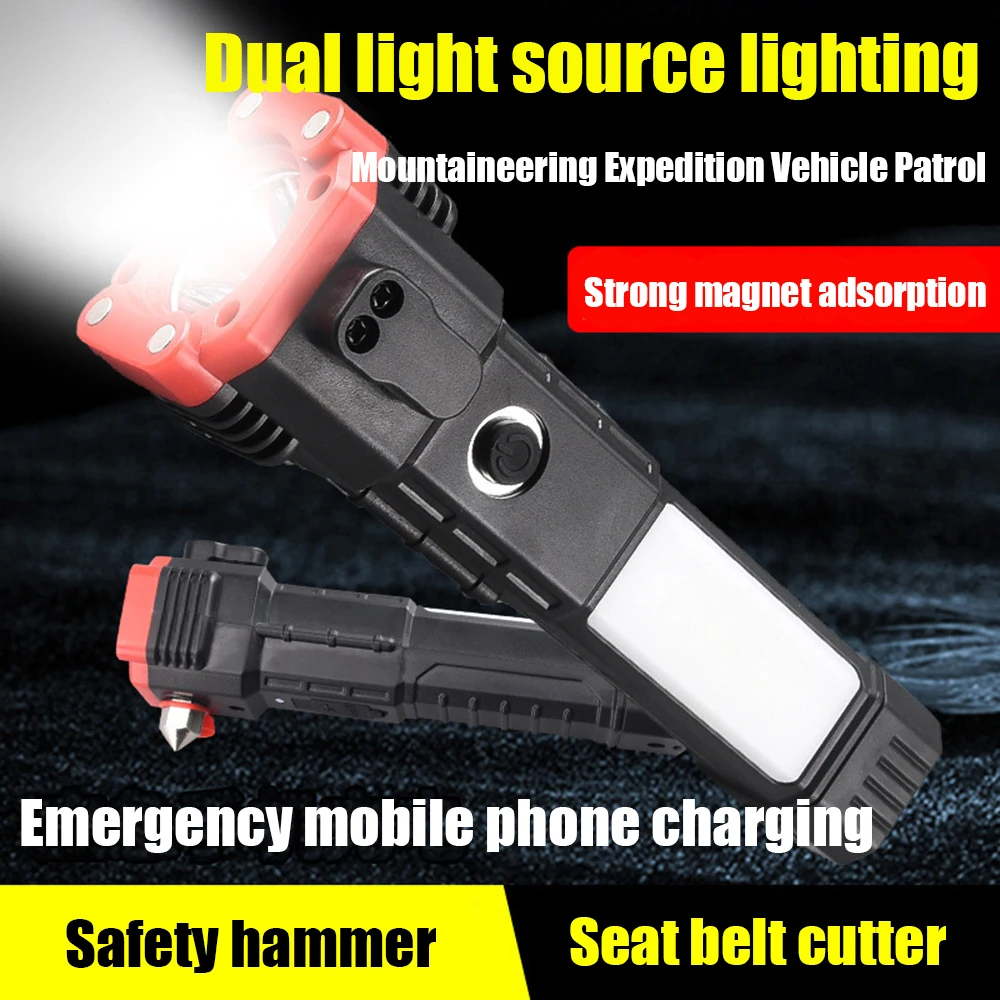 

Multifunctional Strong Light Flashlight LED with Side Light COB Safety Hammer Lifesaving USB Charging with Magnet Camping