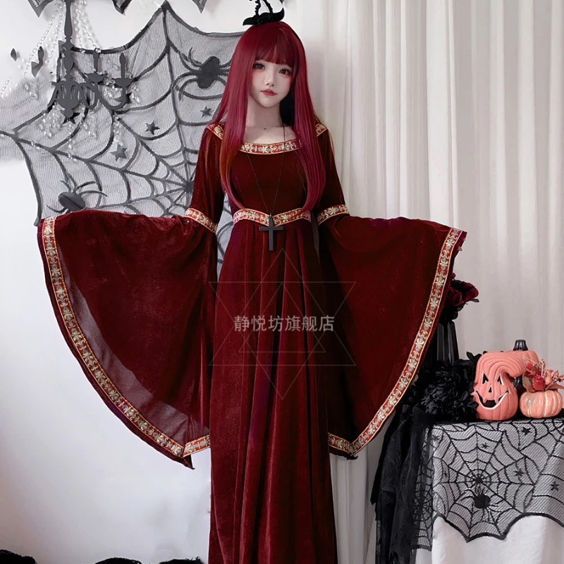 

Halloween Costume for Women Witch Cosplay Medieval Retro Court Vestidos Vampire Long Dress Anime Dark Gothic Clothes Disfraz