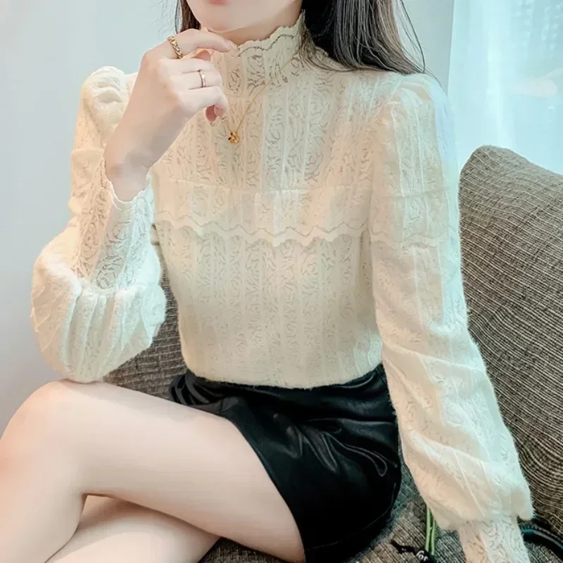 

Korean Long Sleeve Lace Shirt Women Autumn Crochet Bottom Solid Woman Shirt Fashion Slim Casual Ruffled Women Tops Blusas 29713