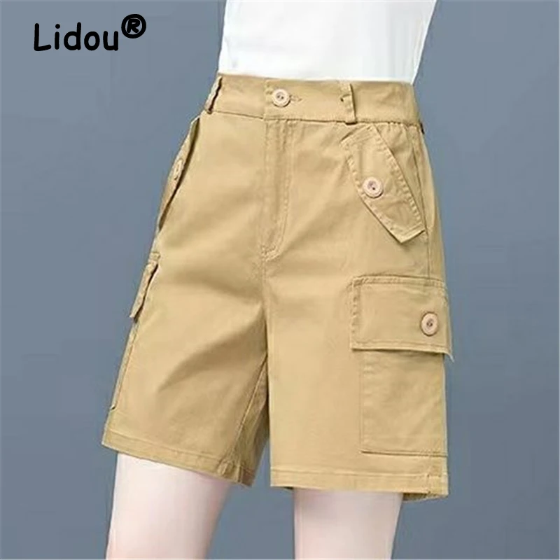 

Women Clothes Pockets Buttons Streetwear Straight Cargo Short Pants Summer Fashion Casual Solid Cotton Shorts Pantalones Cortos